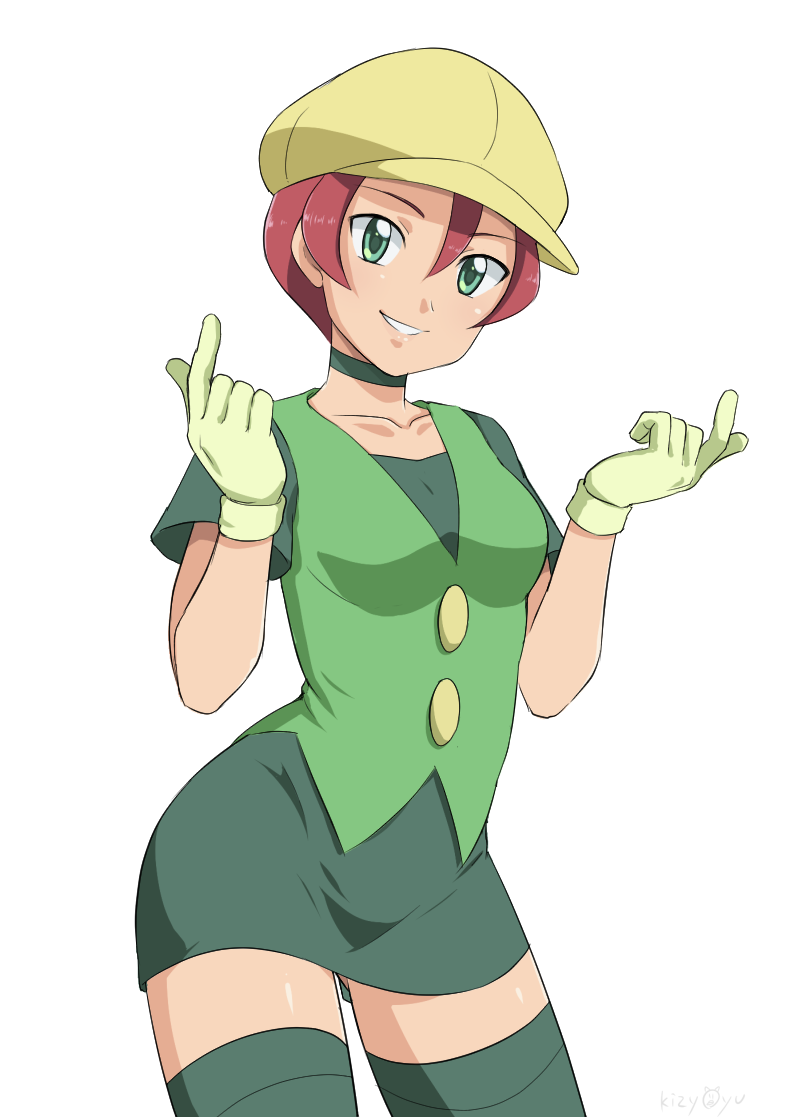 1girl breasts buttons choker cowboy_shot dress game_freak georgia_(pokemon) gloves green_choker green_dress green_eyes green_shirt hair_between_eyes hat kijouyu looking_at_viewer miniskirt nintendo pixie_cut pokemon pokemon_(anime) pokemon_bw_(anime) red_hair shirt short_sleeves simple_background skirt small_breasts solo standing thighhighs vest white_background yellow_hat