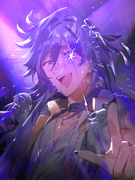 1boy banzoin_hakka black_choker black_nails blue_eyes choker commentary english_commentary glowing glowing_eye hair_between_eyes hair_ornament holostars holostars_english idol_clothes jewelry long_hair looking_at_viewer lynnear male_focus microphone music nail_polish necklace open_mouth oshi_no_ko pointing portrait purple_hair singing smile solo star-shaped_pupils star_(symbol) symbol-shaped_pupils teeth upper_teeth_only virtual_youtuber
