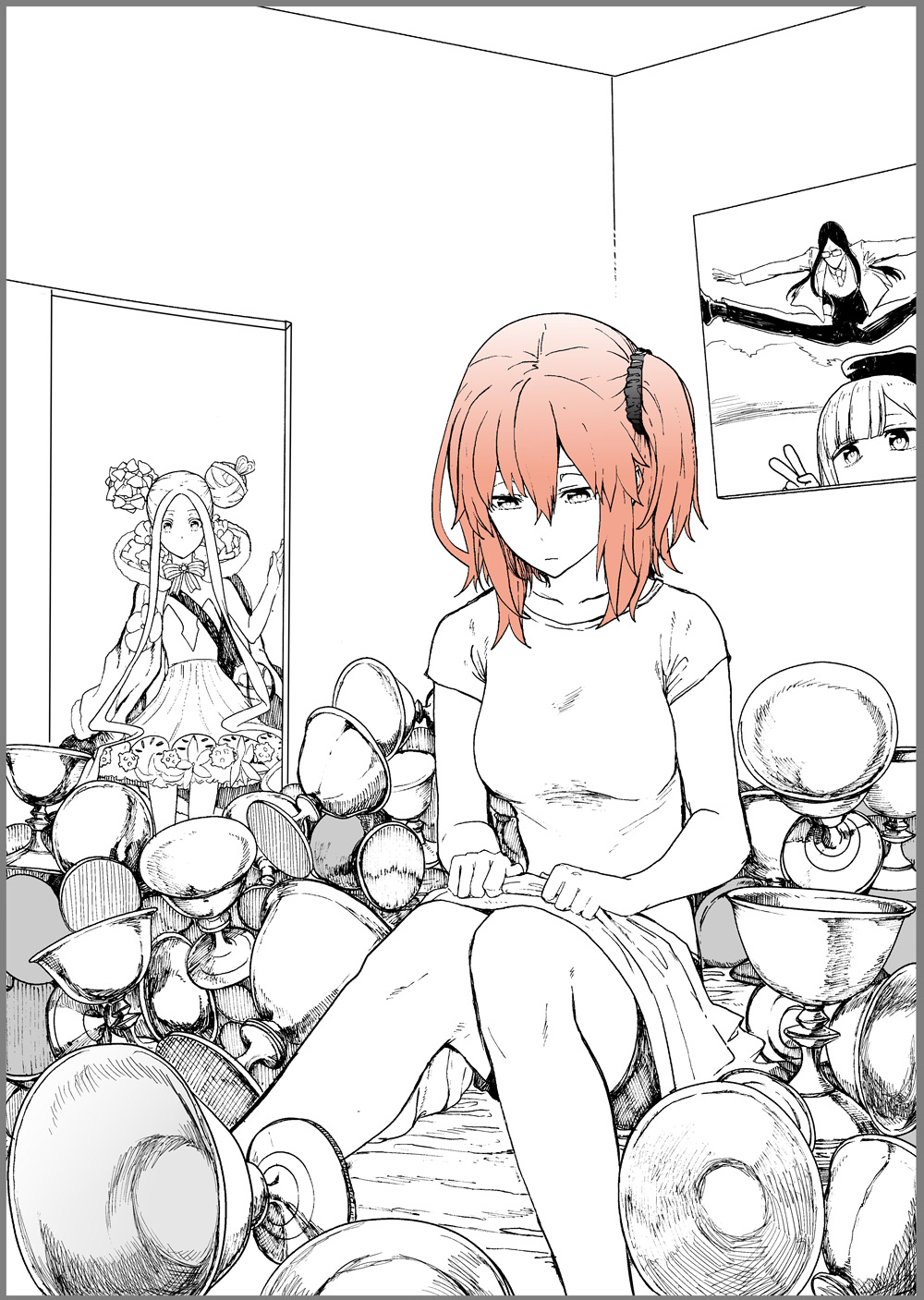 2girls abigail_williams_(fate) abigail_williams_(santa)_(fate) black_scrunchie breasts double_bun fate/grand_order fate_(series) fujimaru_ritsuka_(female) greyscale hair_bun hair_ornament hair_scrunchie highres holy_grail_(fate) long_hair medium_breasts medium_hair monochrome multiple_girls one_side_up orange_hair reines_el-melloi_archisorte scrunchie shirt sidelocks spot_color syatey too_many waver_velvet