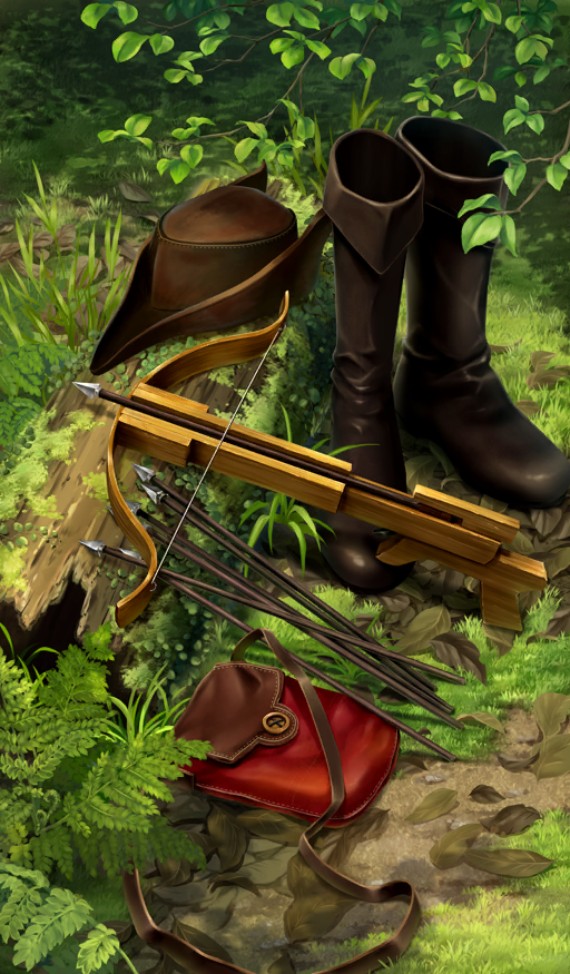 arrow_(projectile) black_boots boots bow_(weapon) brown_hat commentary crossbow crossbow_bolt dirt fate/grand_order fate_(series) grass hat headwear_request lasengle leaf log moss nature no_humans official_art outdoors plant red_bag still_life sunlight third-party_source unworn_boots unworn_hat unworn_headwear weapon