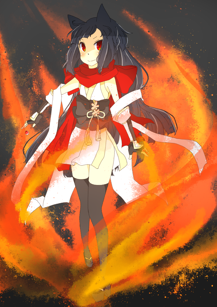 1girl alternate_color animal_ears black_gloves black_hair black_sandals black_sash black_thighhighs cat_ears cat_girl closed_mouth commentary_request dress fingerless_gloves fire flat_chest full_body gloves grey_background long_hair looking_at_viewer meiko_(nattu303) ninja ninja_(ragnarok_online) obi obijime ragnarok_online red_eyes red_scarf sandals sash scarf shaded_face short_dress side_slit sleeveless sleeveless_dress smile solo standing thighhighs v-shaped_eyebrows white_dress