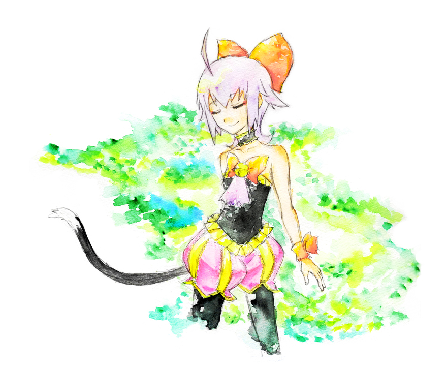 1girl 6_(seraphim_elorhell) ahoge ascot bare_shoulders bell black_ascot black_pantyhose black_shirt bow cat_tail choker closed_eyes closed_mouth commentary_request cowboy_shot cropped_legs facing_viewer female_focus final_fantasy_crystal_chronicles:_echoes_of_time flat_chest frills hair_bow jingle_bell long_hair multicolored_background orange_bow pantyhose pink_ascot pink_shorts sherlotta shirt shorts silver_hair smile solo strapless tail traditional_media tube_top watercolor_pencil_(medium) wrist_wrap