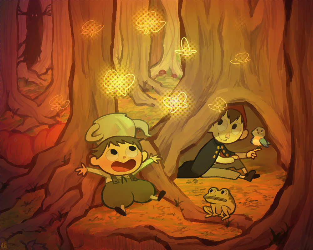 1girl 2boys beatrice_(over_the_garden_wall) bird brothers bug butterfly frog frog_(over_the_garden_wall) gregory_(over_the_garden_wall) half-siblings hat insect multiple_boys over_the_garden_wall overalls shaded_face siblings sitting teapot tree tsunoji wirt_(over_the_garden_wall)