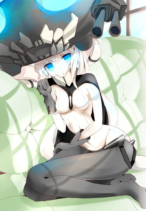 10s 1girl abyssal_ship black_gloves blue_eyes bodysuit cape colored_skin couch female_focus gloves glowing glowing_eyes green_upholstery headgear kantai_collection looking_at_viewer onasuba sitting solo white_hair white_skin wo-class_aircraft_carrier