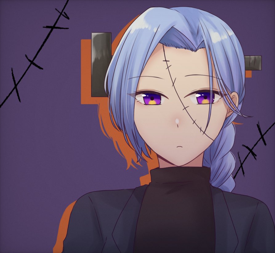1girl arms_at_sides assault_lily black_jacket black_shirt blue_hair braid braided_ponytail closed_mouth colored_shadow commentary cosplay drop_shadow frankenstein&#039;s_monster frankenstein&#039;s_monster_(cosplay) halloween_costume igusa_subaru jacket long_hair looking_at_viewer low_ponytail nigari_(ngari_0115) object_through_head open_clothes open_jacket parted_bangs ponytail portrait purple_background purple_eyes screw_in_head shadow shirt single_braid solo stitched_face stitches symbol-only_commentary