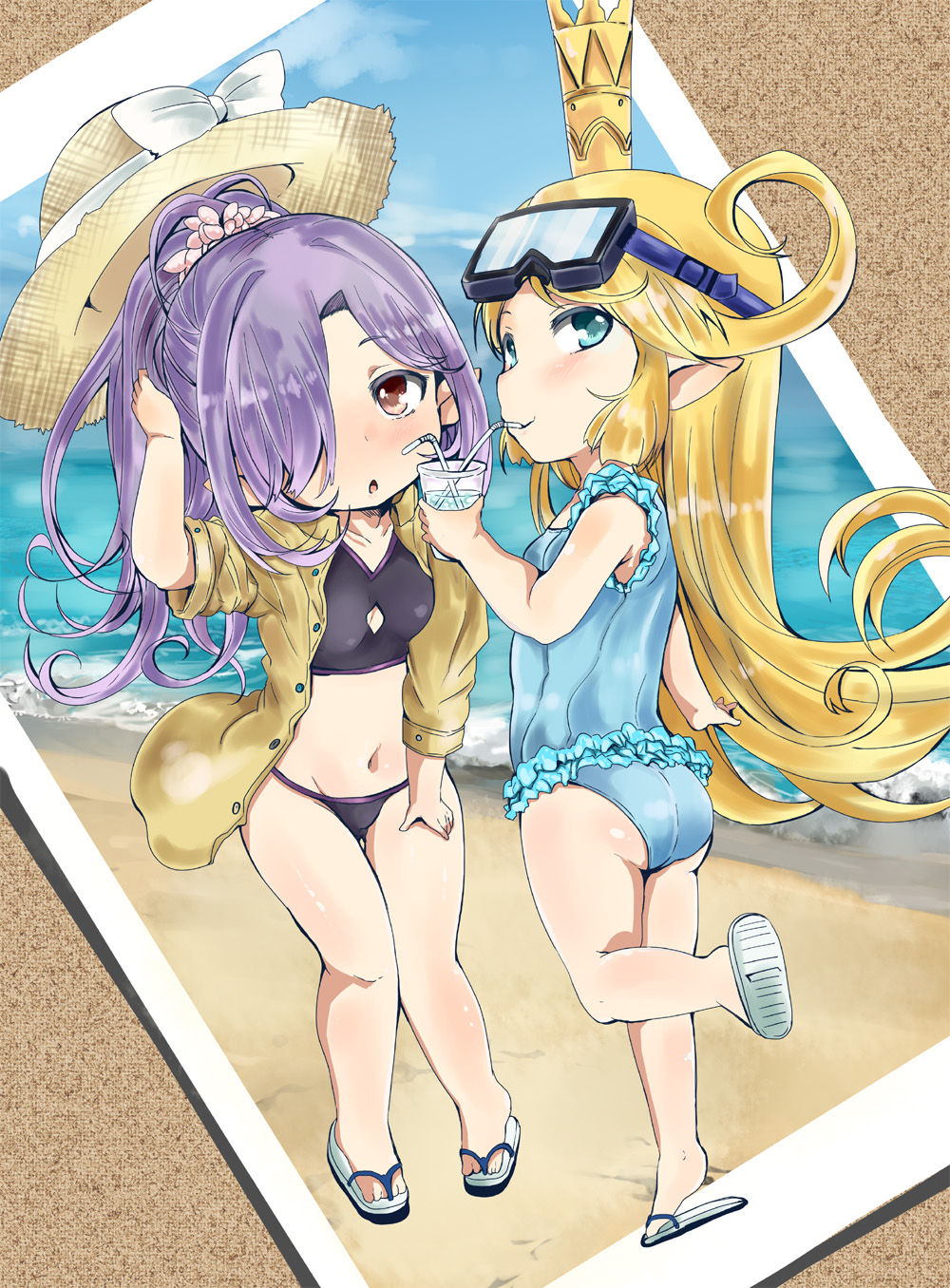 2girls ass bare_arms bare_shoulders bikini black_bikini blonde_hair blush bow breasts charlotta_(granblue_fantasy) collarbone crown curly_hair drinking female_focus goggles granblue_fantasy hair_over_one_eye hat highres long_hair multiple_girls navel niyon_(granblue_fantasy) one-piece_swimsuit open_clothes photo_(object) pointy_ears purple_eyes purple_hair sand shi_ecchi shoe_soles small_breasts standing standing_on_one_leg sun_hat swimsuit water white_bow