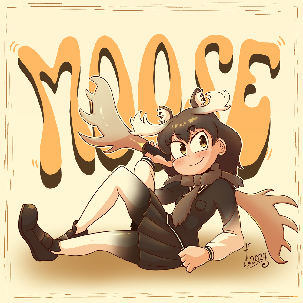 1girl animal_ears antlers blush brown_fur brown_hair brown_necktie brown_pantyhose brown_shoes brown_skirt brown_sleeves brown_sweater extra_ears fur_collar gradient_pantyhose gradient_sleeves hair_between_eyes horns kemono_friends kemono_friends_3 kuraibe_keishi loafers long_hair long_sleeves lying moose_(kemono_friends) moose_ears moose_girl moose_tail necktie on_side pantyhose pleated_skirt shoes sidelocks skirt smile solo sweater tail weapon white_pantyhose white_sleeves yellow_eyes