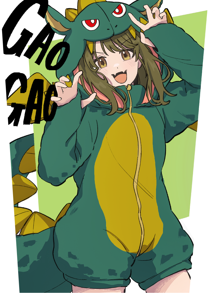 1girl animal_costume blush comiket_104 commentary_request dragon_costume dragon_tail dragon_wings fangs gao green_eyes green_hair hood hood_up idolmaster idolmaster_shiny_colors long_sleeves looking_at_viewer medium_hair nanakusa_nichika skin_fangs sleeves_past_wrists smile solo tail tanupon wings