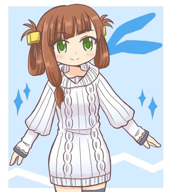 1girl alternate_costume awane_kokoro blue_background brown_hair closed_mouth commentary_request cowboy_shot cube_hair_ornament diagonal_bangs dress green_eyes hair_ornament hair_rings long_hair long_sleeves looking_at_viewer magia_record:_mahou_shoujo_madoka_magica_gaiden mahou_shoujo_madoka_magica reverse_(bluefencer) ribbed_sweater smile solo sparkle standing sweater sweater_dress white_dress