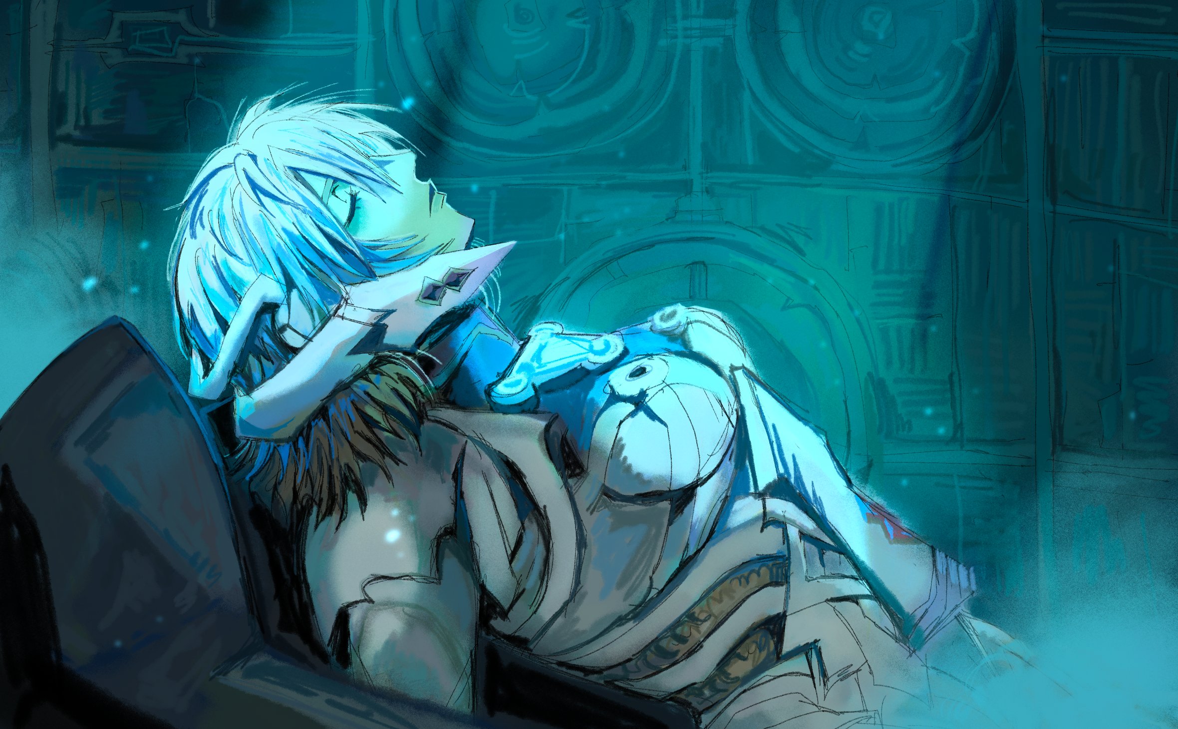 1girl breasts closed_eyes closed_mouth commentary cyborg english_commentary fiora_(xenoblade) hair_between_eyes highres indoors kanachiiiiii lying mecha-fiora medium_breasts medium_hair on_back sleeping solo spoilers xenoblade_chronicles_(series) xenoblade_chronicles_1