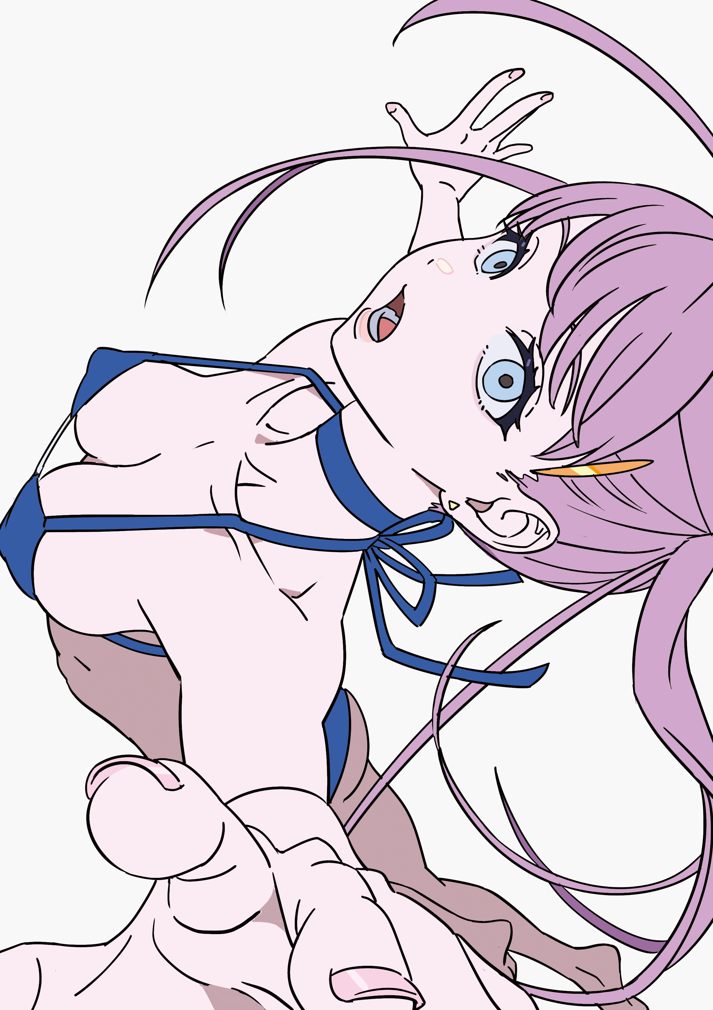 1girl absurdres arms_up ass bare_shoulders bikini blue_bikini blue_choker blue_eyes breasts character_request choker cleavage collarbone copyright_request covered_erect_nipples floating_hair from_above hair_between_eyes highres mebae medium_breasts open_mouth perky_breasts simple_background solo swimsuit white_background