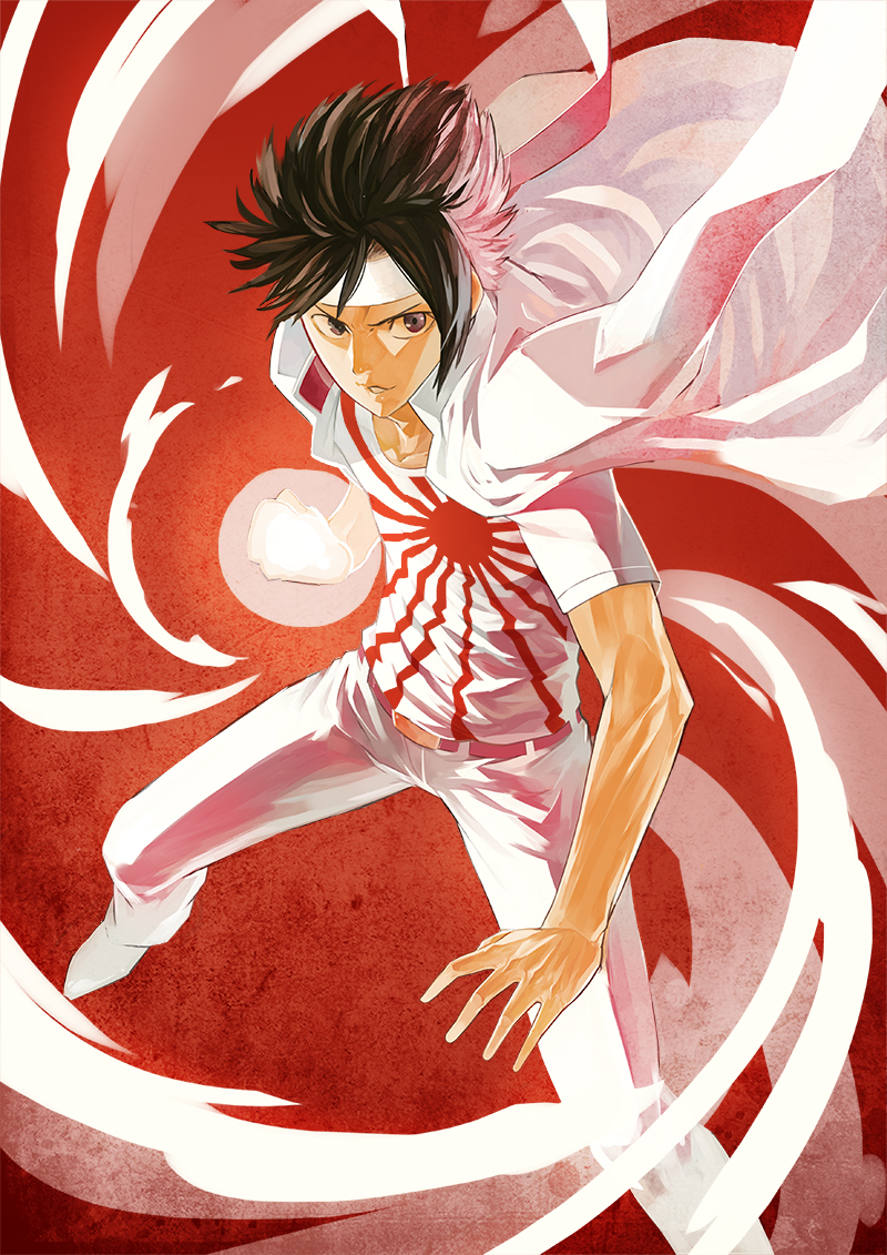 1boy action attack belt black_eyes black_hair energy fantasy fighting_stance full_body gajuumaru glowing glowing_hand headband incoming_attack jacket jacket_on_shoulders legs_apart looking_at_viewer male_focus pants powering_up print_shirt psychic red_background rising_sun_flag science_fiction shirt shoes short_hair sogiita_gunha solo standing sunburst t-shirt toaru_kagaku_no_railgun toaru_majutsu_no_index toaru_majutsu_no_index:_new_testament white_jacket white_pants white_shoes