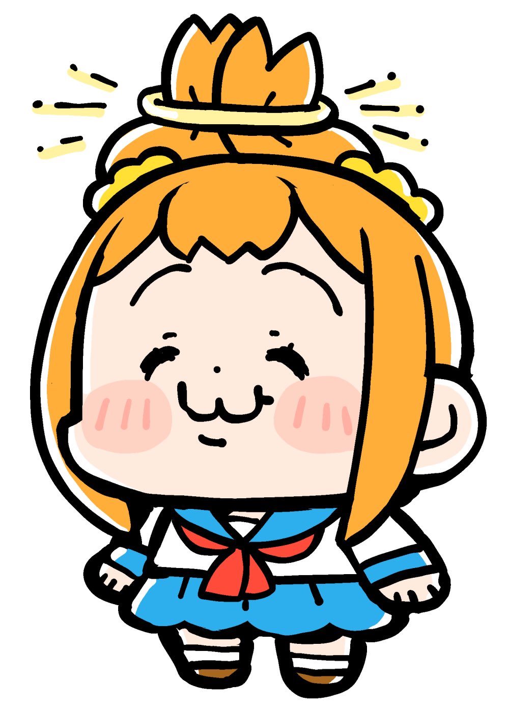 1girl :3 arms_at_sides bkub blue_sailor_collar blue_skirt blush_stickers brown_shoes chibi chibi_only chiikawa closed_eyes closed_mouth dot_nose full_body hair_ornament hair_scrunchie halo highres long_sleeves neckerchief notice_lines official_art orange_hair poptepipic popuko red_neckerchief sailor_collar school_uniform scrunchie serafuku shirt shoes short_hair sidelocks simple_background skirt socks solo standing updo white_background white_shirt white_socks yellow_halo yellow_scrunchie