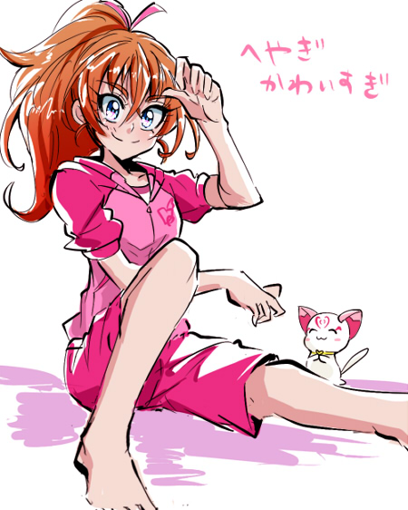 10s 1girl alternate_hairstyle barefoot biho_(tsuinku) blue_eyes brown_hair cat high_ponytail houjou_hibiki hummy_(suite_precure) jacket long_hair pink_shorts ponytail precure shorts sitting smile suite_precure track_jacket white_background