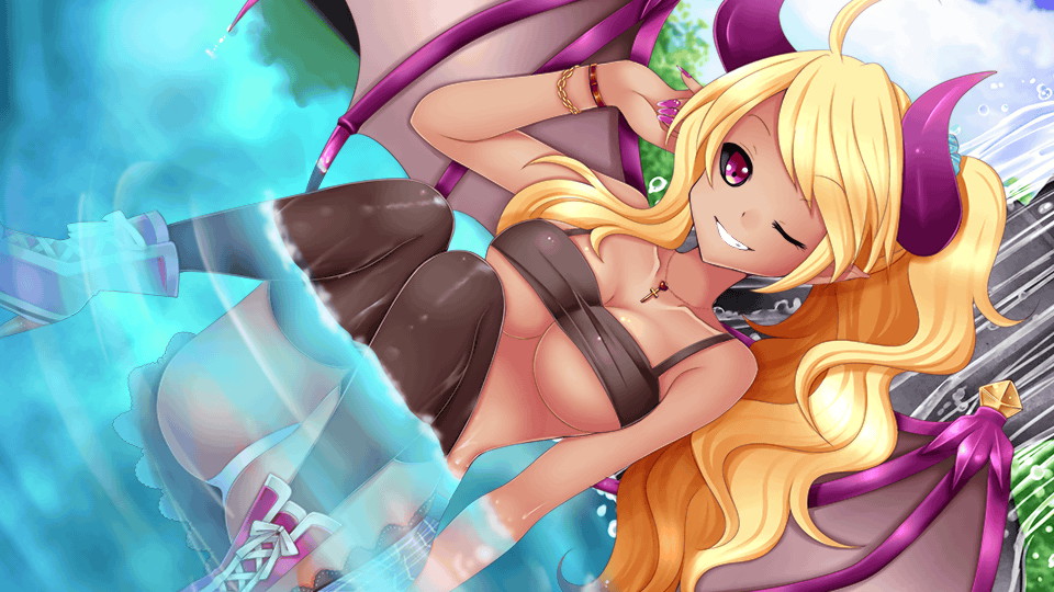 1girl artist_request bare_shoulders bat_wings black_sclera black_tank_top black_thighhighs blonde_hair blue_skirt bracelet breasts cleavage colored_sclera crop_top cross cross_necklace demon_girl demon_tail fountain game_cg gyaru heart heart_necklace high_heel_sneakers high_heels high_tops horns jewelry large_breasts lethe_(monster_musume) long_hair looking_at_viewer midriff monster_musume_no_iru_nichijou monster_musume_no_iru_nichijou_online navel necklace official_art one_eye_closed outdoors panties partially_submerged pink_eyes pink_nails pink_shoes plaid_clothes plaid_skirt pleated_skirt ponytail scrunchie shoes sitting skirt smile sneakers solo swept_bangs tail tan tank_top thighhighs underboob underwear wardrobe_malfunction white_panties wings