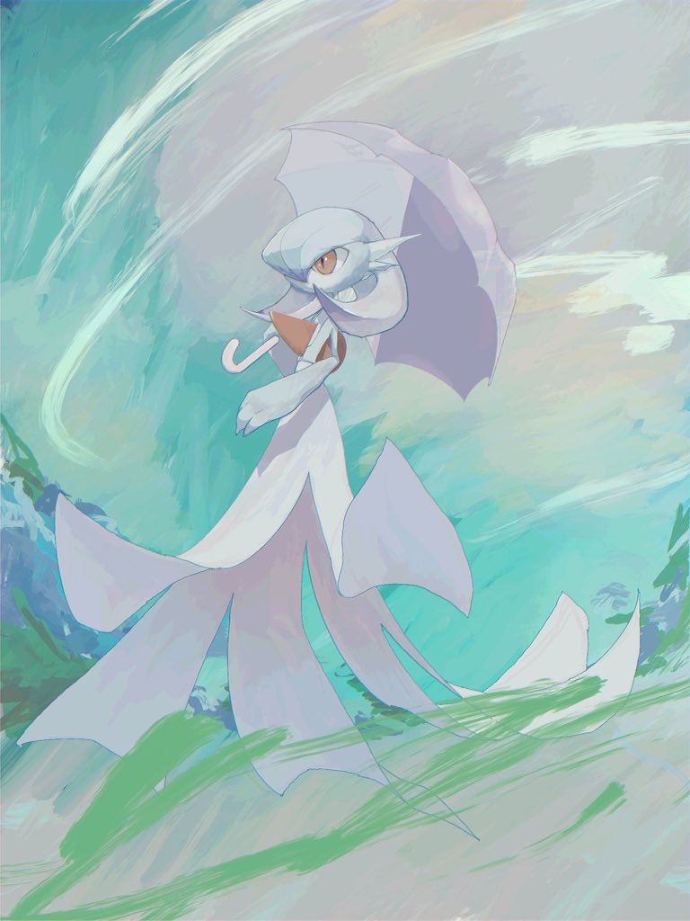 bob_cut colored_skin dress gardevoir gen_3_pokemon green_hair green_skin hair_over_one_eye holding holding_umbrella multicolored_skin mxlaghrsuk33yws nintendo pink_eyes pokemon pokemon_(creature) two-tone_skin umbrella white_dress white_skin