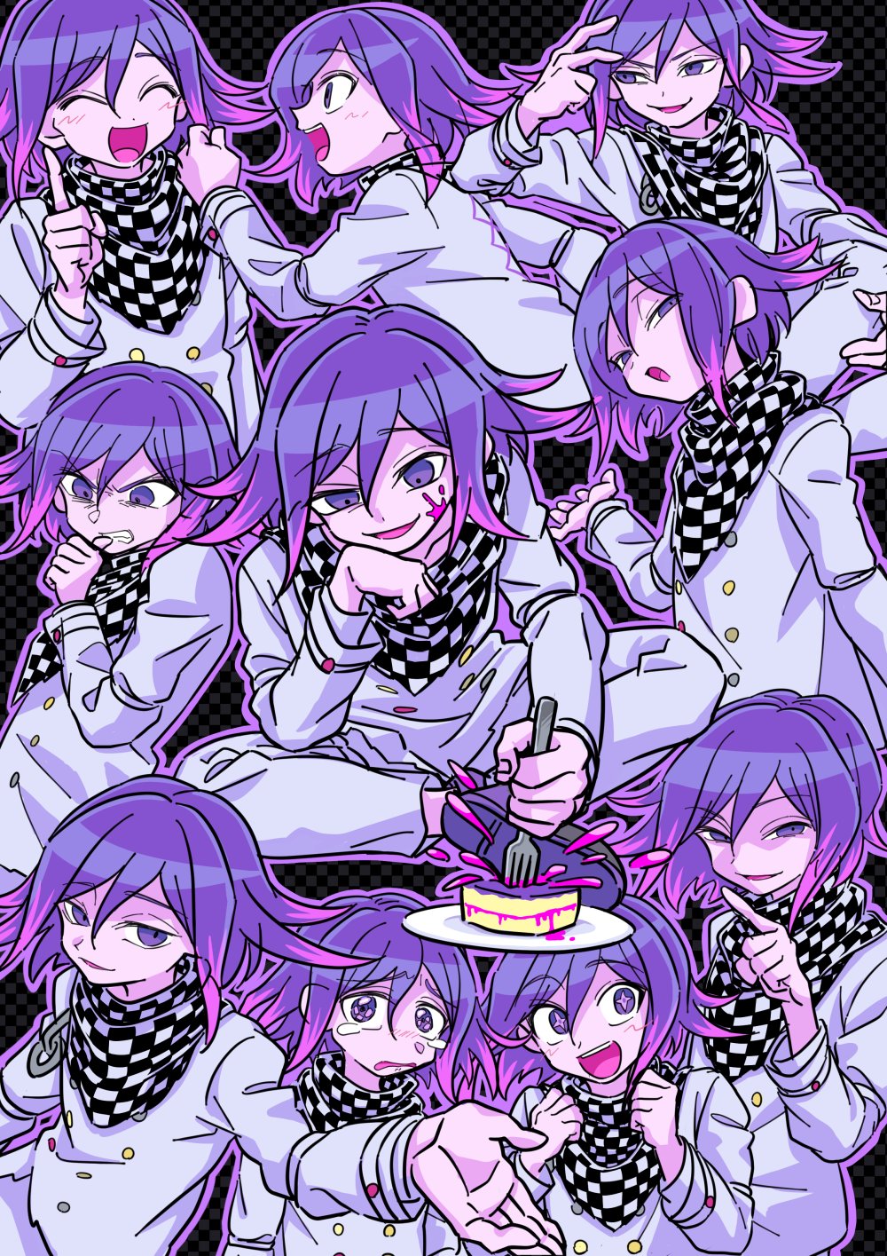 +_+ 1boy 2gyks ^_^ annoyed arm_belt birthday birthday_cake biting biting_own_thumb black_background blush buttons cake cake_slice checkered_background checkered_clothes checkered_scarf clenched_teeth closed_eyes commentary cross-laced_clothes cross-laced_top crying crying_with_eyes_open danganronpa_(series) danganronpa_v3:_killing_harmony excited flipped_hair food fork hair_between_eyes half-closed_eye hands_up happy highres holding holding_fork index_finger_raised long_sleeves looking_at_viewer male_focus multicolored_buttons multiple_expressions multiple_views narrowed_eyes oma_kokichi open_mouth outline pants purple_eyes purple_hair purple_outline purple_theme running sad scarf short_hair sitting smile smirk smug stab tears teeth two-tone_scarf