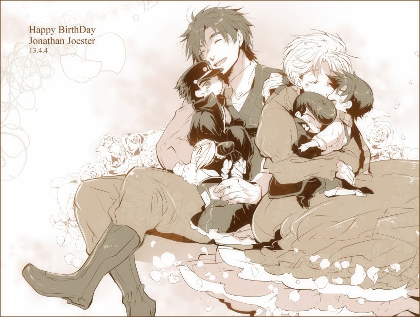 2girls 4boys blush couple dress erina_pendleton family flower happy higashikata_josuke hug husband_and_wife jojo_no_kimyou_na_bouken jonathan_joestar joseph_joestar kuujou_jolyne kuujou_joutarou multiple_boys multiple_girls petals smile