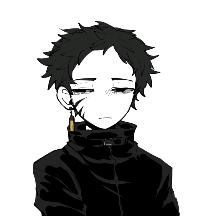 1boy black_eyes black_hair black_jacket closed_mouth colored_skin commentary_request dreyfus_zweig earrings high_collar jacket jewelry korean_commentary looking_at_viewer male_focus nu_(qjqmfqjqmf02) portrait saibou_shinkyoku short_hair simple_background single_earring solo white_background white_skin