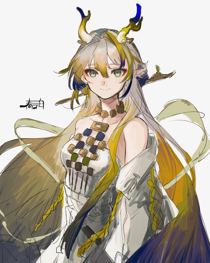 1girl antlers arknights bare_shoulders breasts brown_hair closed_mouth dress green_eyes grey_background grey_hair hair_between_eyes harukan_tiusu horns jacket long_hair looking_at_viewer off_shoulder open_clothes open_jacket shu_(arknights) simple_background small_breasts smile solo strapless strapless_dress very_long_hair white_dress white_jacket