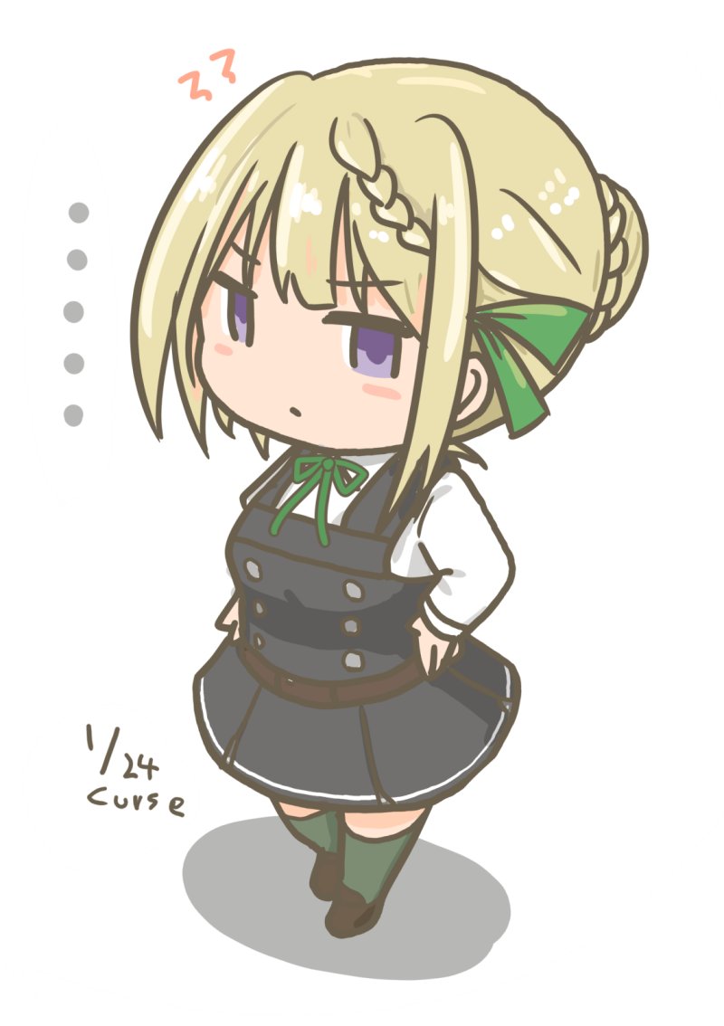 1girl artist_name blonde_hair braid braided_bangs braided_bun commentary_request cosplay curse_(023) dated dress female_focus full_body green_ribbon hair_bun kantai_collection kasumi_(kancolle) kasumi_(kancolle)_(cosplay) kasumi_kai_ni_(kancolle) long_sleeves looking_at_viewer neck_ribbon perth_(kancolle) pinafore_dress purple_eyes ribbon school_uniform short_hair sleeveless sleeveless_dress solo standing