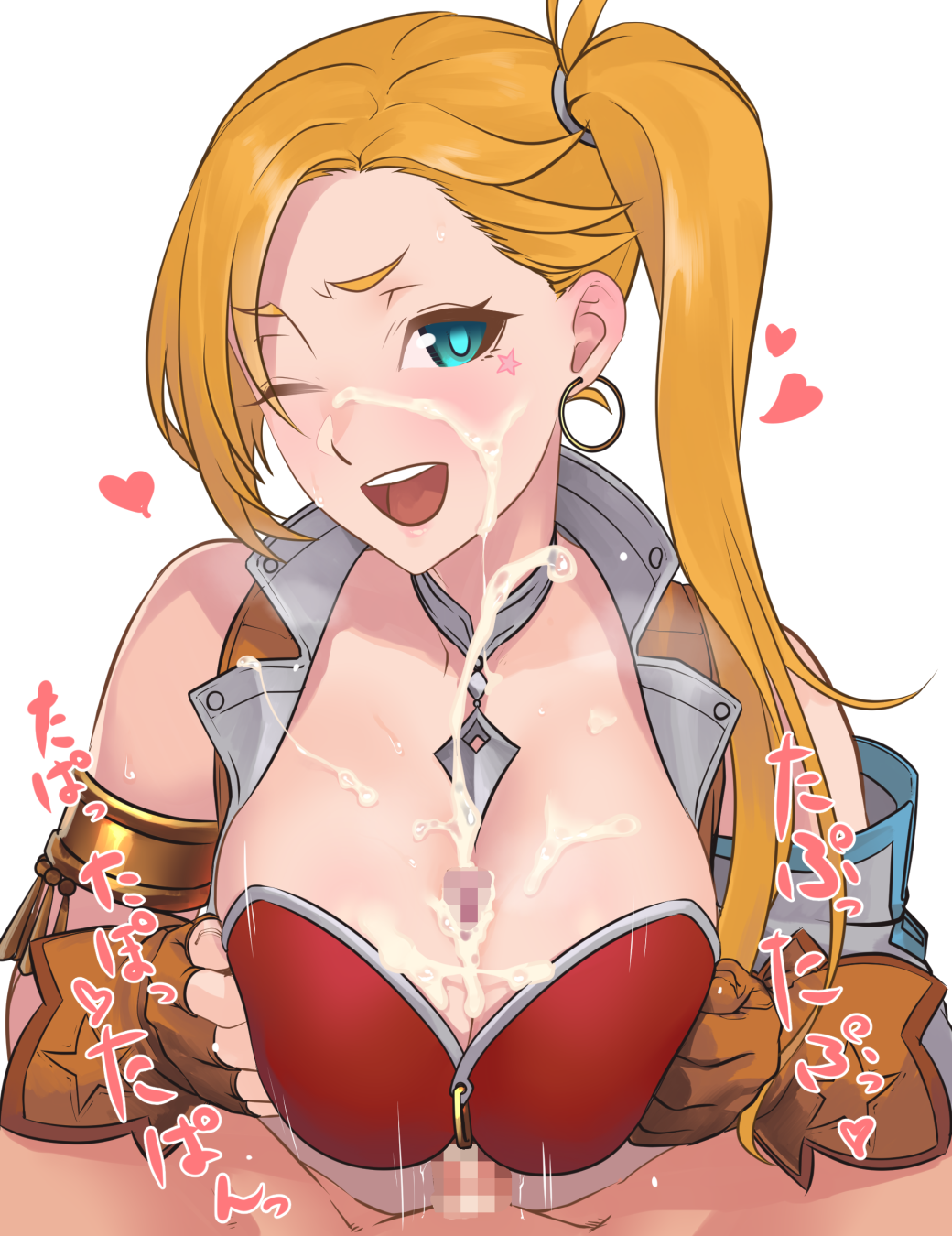 1boy 1girl blue_eyes breasts brown_gloves brown_vest calamity_jane_(fate) censored cum cum_on_body cum_on_breasts cum_on_upper_body earrings ejaculation facial fate/grand_order fate_(series) fingerless_gloves gloves highres hikichi_sakuya hoop_earrings jewelry long_hair looking_at_viewer mosaic_censoring one_eye_closed open_mouth paizuri penis side_ponytail single_fingerless_glove smile solo_focus upper_body vest white_background