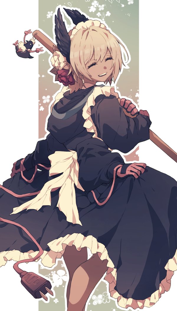 1girl :d alternate_costume arknights black_dress commentary dark-skinned_female dark_skin dress electric_plug electric_plug_tail enmaided extra_arms facing_viewer feet_out_of_frame frilled_dress frills from_behind gloves grey_hair holding hood hood_down hooded_dress lari_lab long_dress long_sleeves maid maid_day maid_headdress open_mouth outline pink_gloves raidian_(arknights) short_hair skirt_hold smile solo standing tail turning_head white_outline