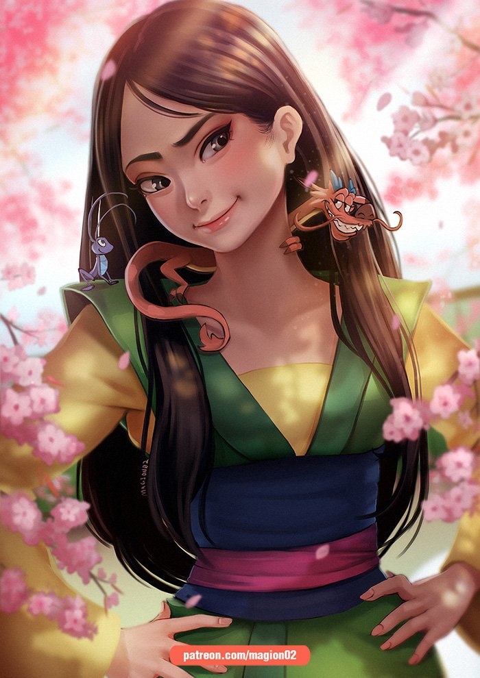 1girl 2boys black_hair brown_eyes cherry_blossoms chinese_clothes cri-kee dress fa_mulan_(disney) hanfu lips lipstick long_hair looking_at_viewer magion02 makeup mulan_(movie) multiple_boys mushu_(disney) short_hair smile solo
