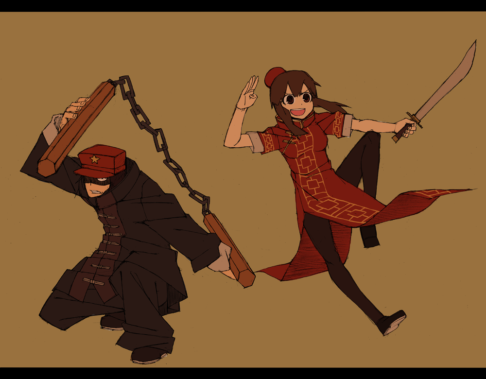 1boy 1girl bad_id bad_pixiv_id breasts brown_hair china_dress chinese_clothes dao_(weapon) dress flat_color full_body hat letterboxed nunchaku original simple_background sword weapon yaza