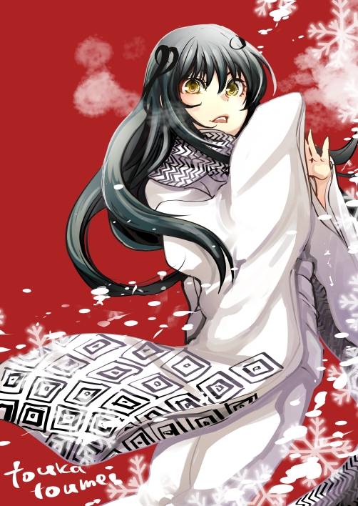 1girl artist_name black_hair female_focus japanese_clothes long_hair looking_at_viewer nannnann nurarihyon_no_mago open_mouth red_background snowflakes solo yellow_eyes yuki_onna_(nurarihyon_no_mago)