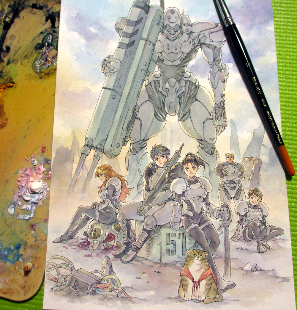 2boys 3girls agahari animal araigi_yumi armor art_brush art_tools_in_frame bandaid bandaid_on_face belt_pouch black_bodysuit black_boots black_hair blonde_hair blonde_streaks bodysuit boots broken brown_cat brown_hair buuta_(gunparade_march) cable cape cat closed_mouth clothed_animal commentary_request crossed_arms gauntlets gun gunparade_march hayami_atsushi holding holding_gun holding_sword holding_weapon long_hair looking_at_viewer mecha mecha_request multicolored_hair multiple_boys multiple_girls outdoors paintbrush painting_(medium) parted_lips photo_(medium) planted planted_sword planted_weapon ponytail pouch red_cape robot ruins science_fiction shibamura_mai short_hair shoulder_armor sitting smile standing streaked_hair sword tashiro_kaori thigh_strap traditional_media wakamiya_yasumitsu weapon