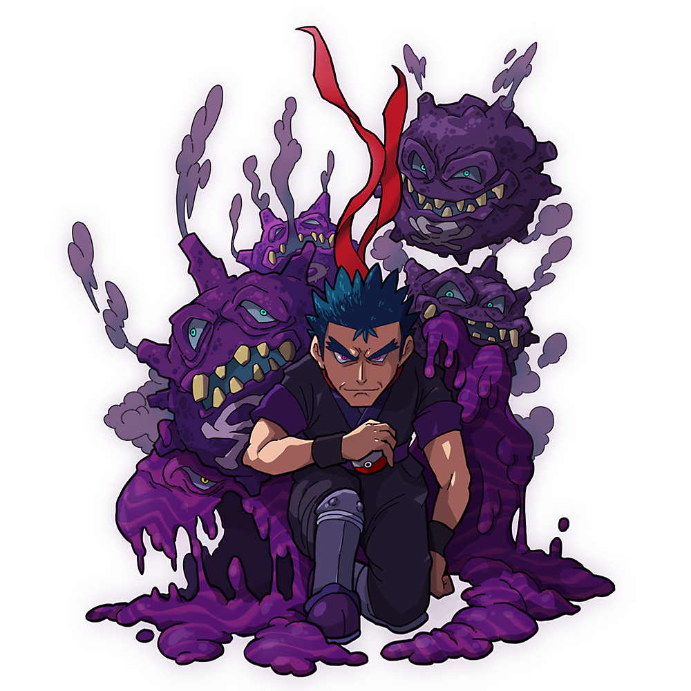00s 1990s_(style) 1boy armor creatures_(company) game_freak gen_1_pokemon greaves gym_leader kafun koffing koga_(pokemon) muk ninja nintendo on_one_knee poke_ball pokemon pokemon_(creature) pokemon_frlg pokemon_rgby purple_eyes retro_artstyle weezing white_background