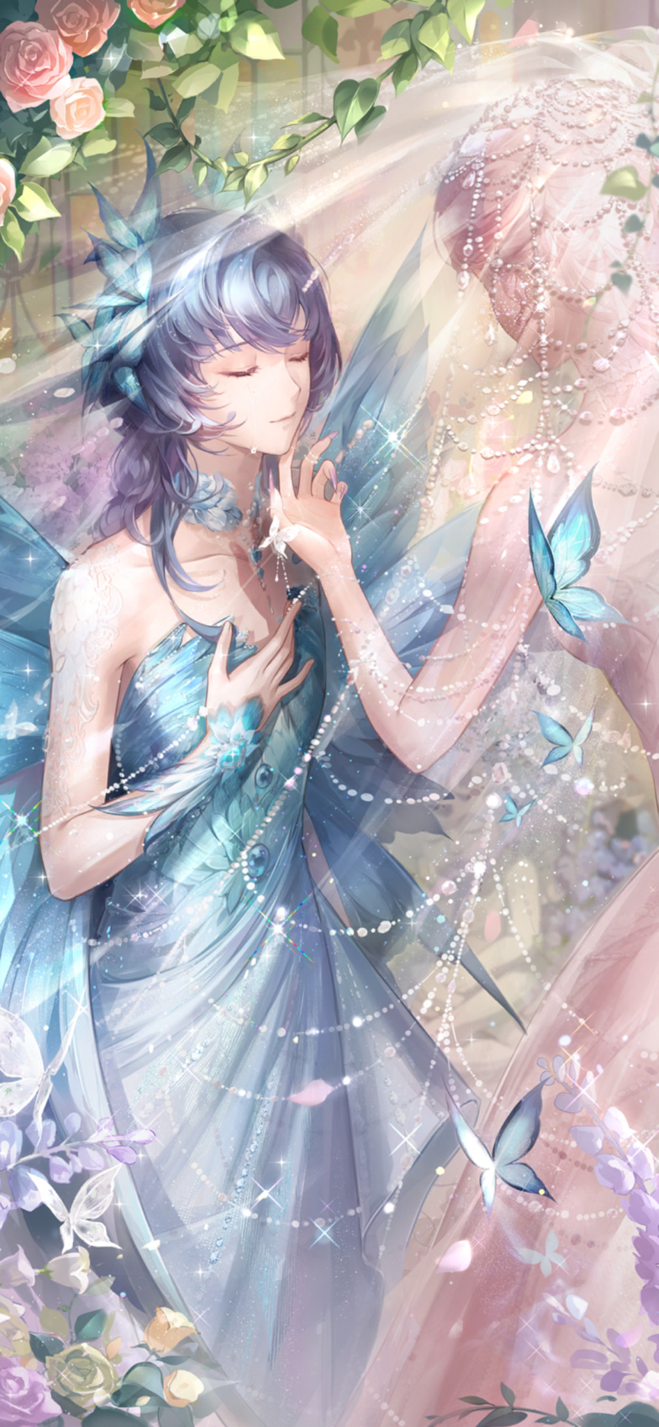 1boy 1girl animal_print artist_request bare_arms bare_shoulders blue_arm_warmers blue_butterfly blue_collar blue_dress blue_flower blue_hair blue_rose blue_wings bug butterfly butterfly_hair_ornament butterfly_print butterfly_wings circlet closed_eyes collar collarbone crossdressing crossdressing_(mtf) crying day detached_collar dress evangelos_(shining_nikki) face-to-face feet_out_of_frame flower from_behind game_cg gown greenhouse hair_ornament hand_on_another&#039;s_chin hand_on_own_chest happy_tears highres indoors insect insect_wings light_particles lightweaving_kiss_(shining_nikki) long_dress long_hair neck_flower nephiliet nikki_(series) official_art palms parted_lips pink_dress pink_flower pink_hair pink_rose rose sapphire_dreaming_(shining_nikki) see-through_clothes see-through_veil shared_veil shining_nikki short_hair smile sparkle standing strapless strapless_dress teardrop tears third-party_source trap updo veil white_flower white_rose wings