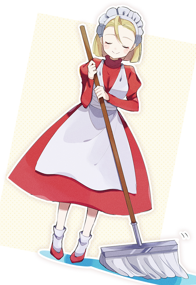 1girl apron blonde_hair blush_stickers cleaning closed_eyes dress dutch_angle full_body holding holding_mop juliet_sleeves kashima_miyako kikimora_(puyopuyo) long_sleeves maid maid_headdress mop puffy_sleeves puyopuyo red_dress red_footwear short_hair smile socks solo split_mouth standing turtleneck turtleneck_dress white_apron white_socks