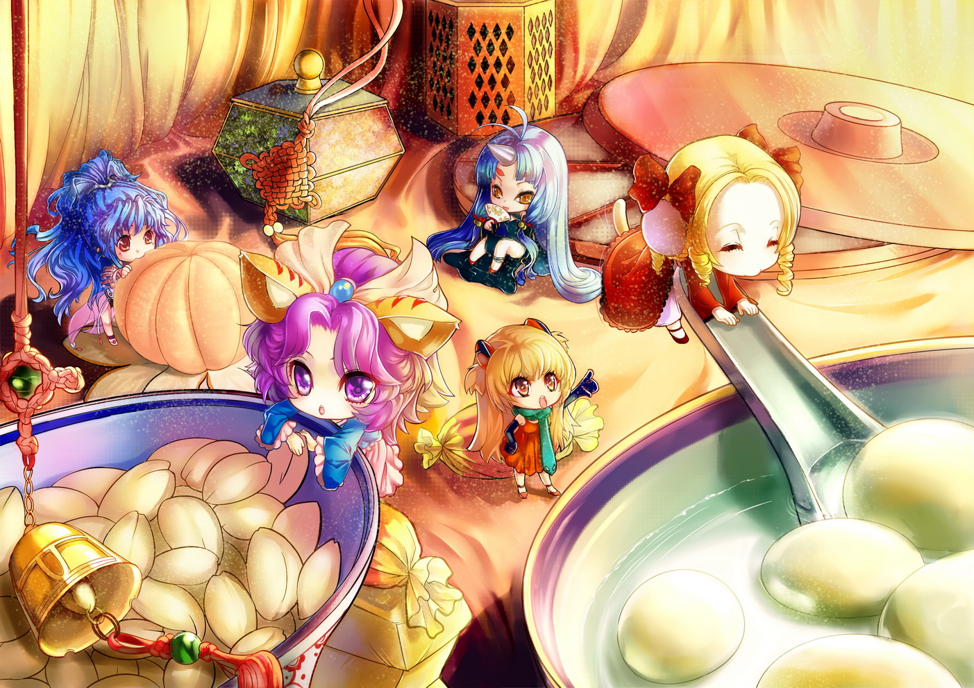 5girls alfimi animal_ears antenna_hair banpresto bell cat_ears cat_tail chibi drill_hair eating egg food hand_fan horns in_food latune_subbota long_hair mini_person minigirl multiple_girls neon_genesis_evangelion ponytail shine_hausen single_horn souryuu_asuka_langley st.microscope super_robot_wars super_robot_wars_og_saga_mugen_no_frontier suzuka_hime tail very_long_hair