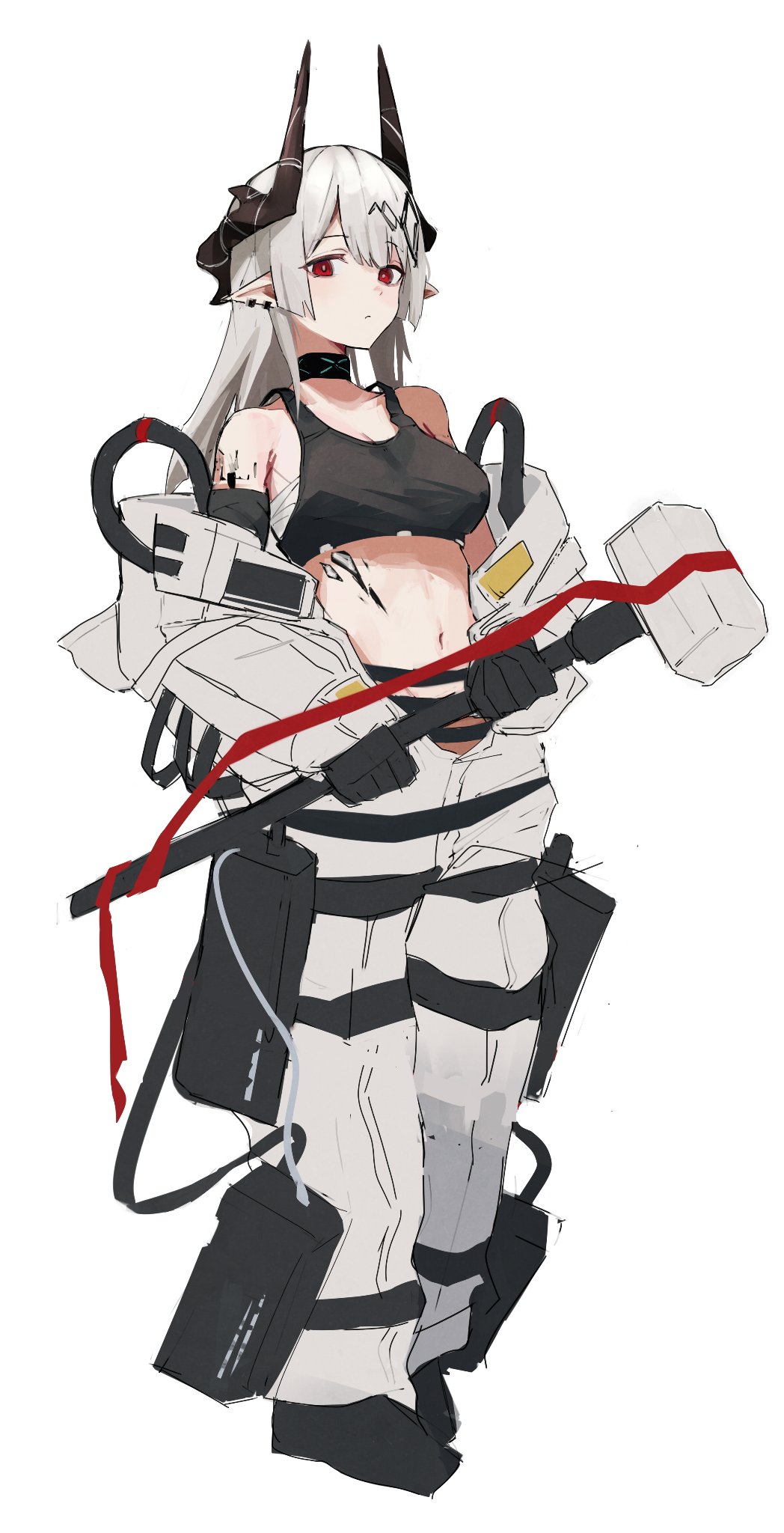 1girl arknights black_gloves black_sports_bra breasts chest_sarashi closed_mouth commentary death_unagi demon_horns earrings expressionless full_body gloves hammer highres holding holding_hammer horns infection_monitor_(arknights) jewelry jumpsuit long_hair looking_at_viewer material_growth medium_breasts mudrock_(arknights) mudrock_(elite_ii)_(arknights) navel open_jumpsuit oripathy_lesion_(arknights) pointy_ears red_eyes sarashi simple_background sledgehammer solo sports_bra standing stomach war_hammer weapon white_background white_hair white_jumpsuit