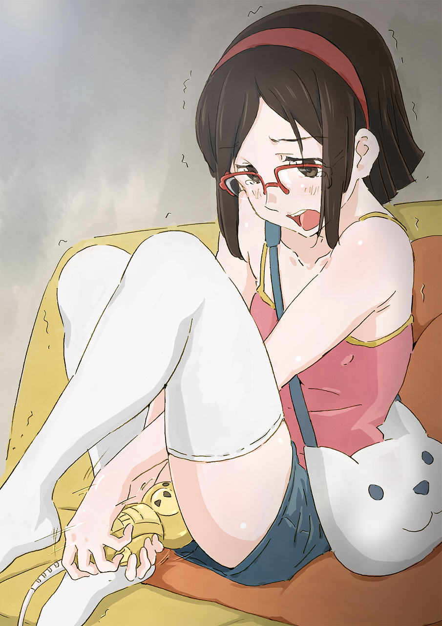 10s 1girl beargguy_iii blush brown_eyes brown_hair camisole denim denim_skirt feet female_focus female_masturbation full_body glasses gundam gundam_build_fighters hairband highres indoors kousaka_china masturbation miniskirt monodevil no_shoes open_mouth over-rim_eyewear red-framed_eyewear semi-rimless_eyewear sex_toy short_hair skirt solo tank_top thighhighs trembling vibrator white_thighhighs zettai_ryouiki
