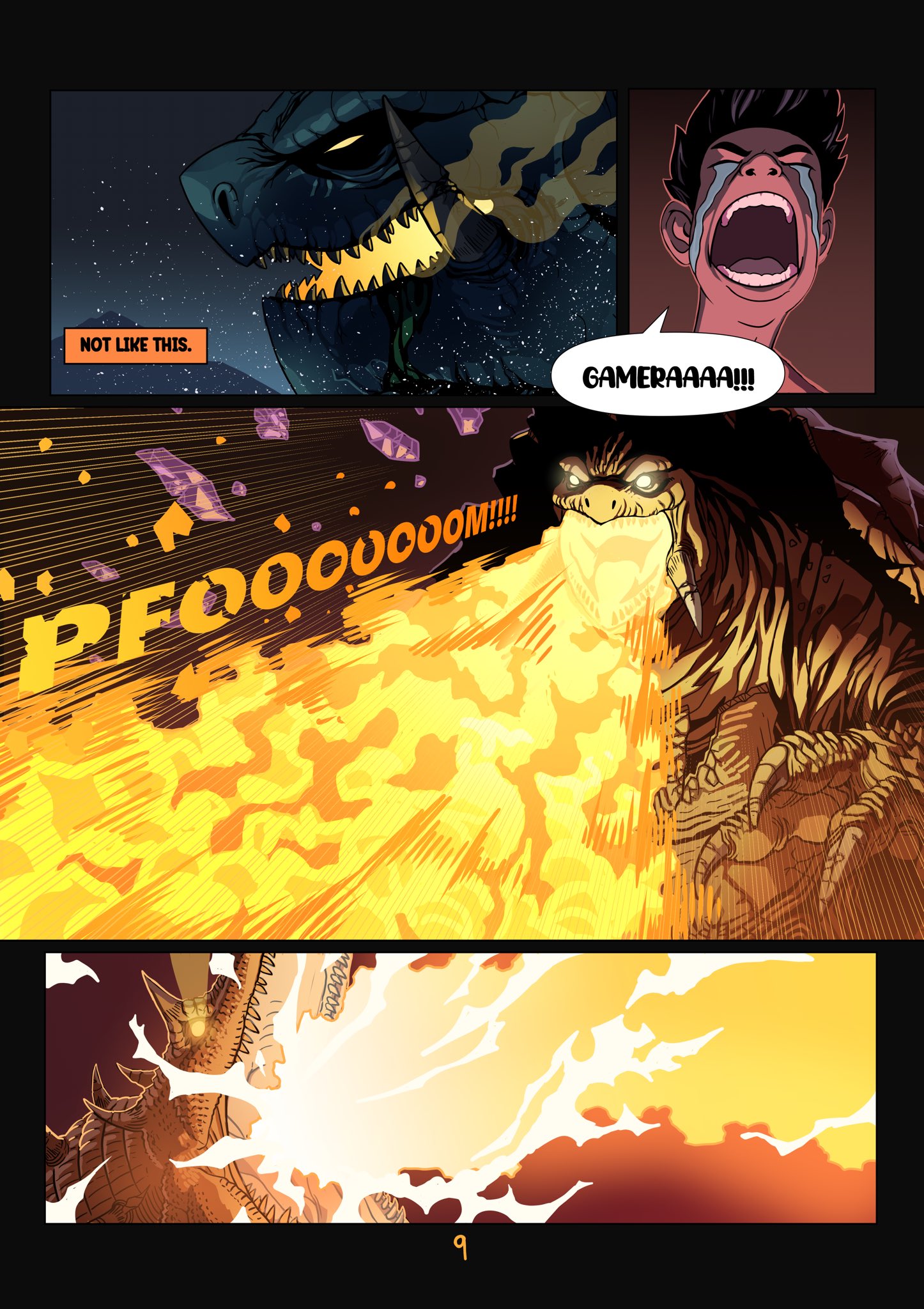 1boy alex_alcanter barugon bleeding blood breath_weapon breathing_fire breathing_ice colored_blood crying daiei_film daiei_motion_picture energy energy_beam english_text fire gamera gamera_(series) gamera_vs._barugon glowing glowing_eyes glowing_mouth green_blood highres horns ice ice_beam injury kadokawa kaiju lizard mouth_beam nasal_horn night no_pupils plasma plasma_beam screaming sea_monster sharp_teeth smoke spikes steam teeth text_focus turtle turtle_shell tusks vapor yellow_eyes