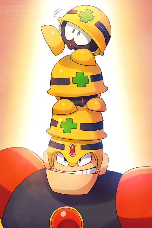 1boy gradient_background grin guts_man helmet looking_at_viewer mega_man_(classic) mega_man_(series) mega_man_1 met_(mega_man) poroi_(poro586) robot simple_background smile solo upper_body yellow_headwear