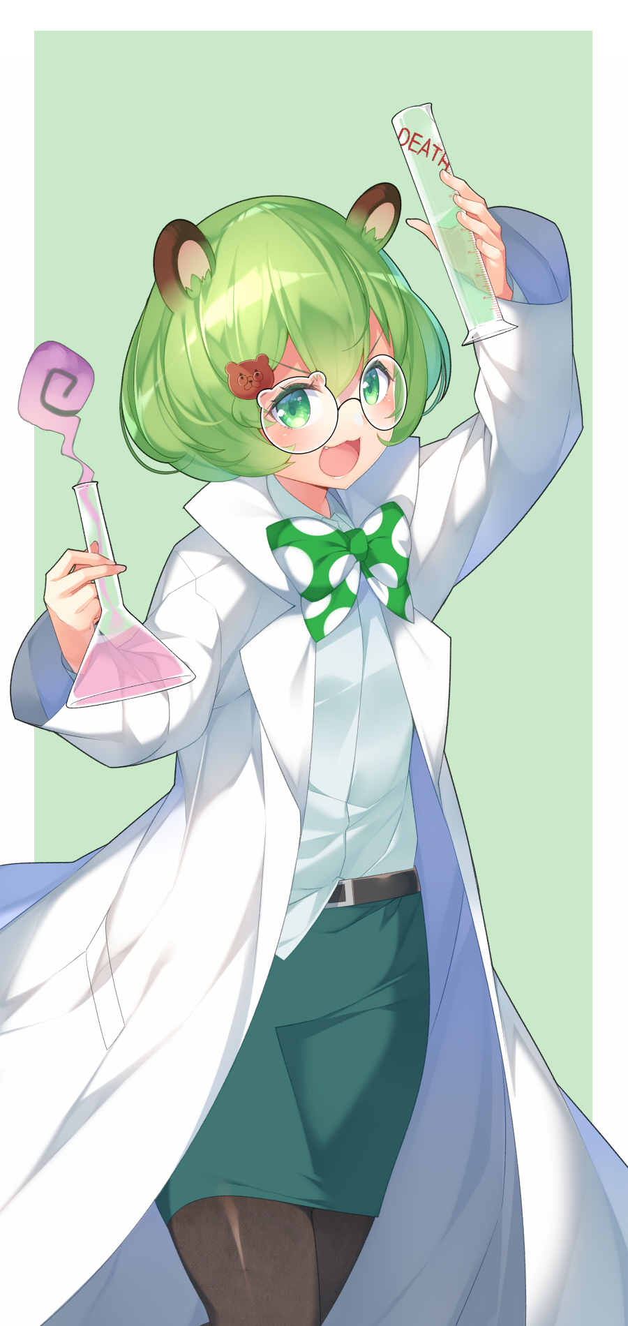 1girl :3 :d animal_ear_fluff animal_ears animare arm_up bear_ears bear_hair_ornament belt belt_buckle black_belt black_pantyhose buckle collared_shirt erlenmeyer_flask fang female_focus flask glasses green_background green_eyes green_hair green_skirt hair_ornament highres hinokuma_ran holding kokka_han lab_coat long_sleeves nanashi_inc. open_clothes open_mouth pantyhose pencil_skirt round_eyewear shirt short_hair skirt smile solo two-tone_background virtual_youtuber white_background white_shirt