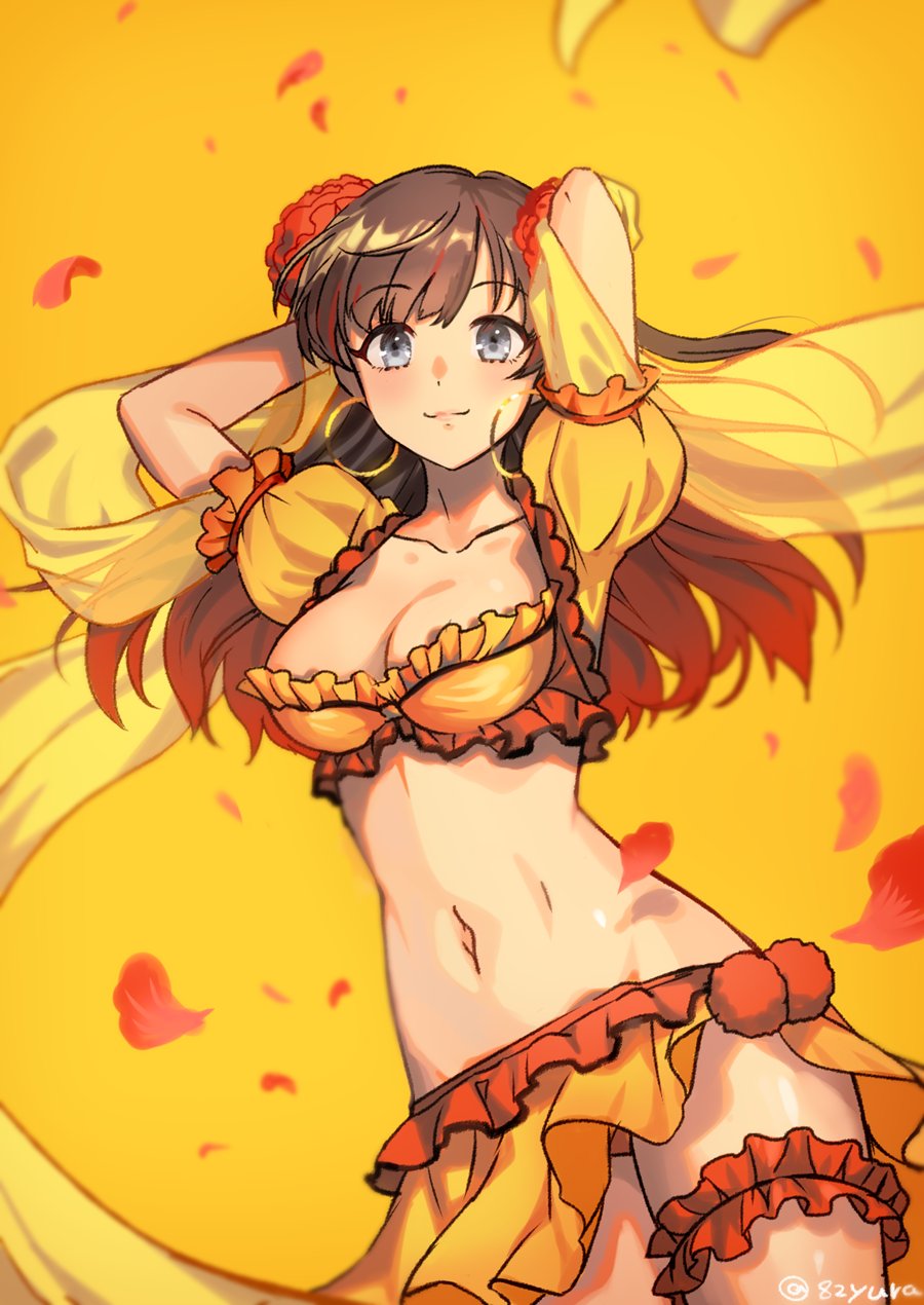 1girl arms_up brown_hair dancer earrings fate/grand_order fate_(series) female_focus flower grey_eyes hair_flower hair_ornament highres hoop_earrings jewelry mata_hari_(fate) navel petals revealing_clothes shawl solo thigh_strap twitter_username yuura