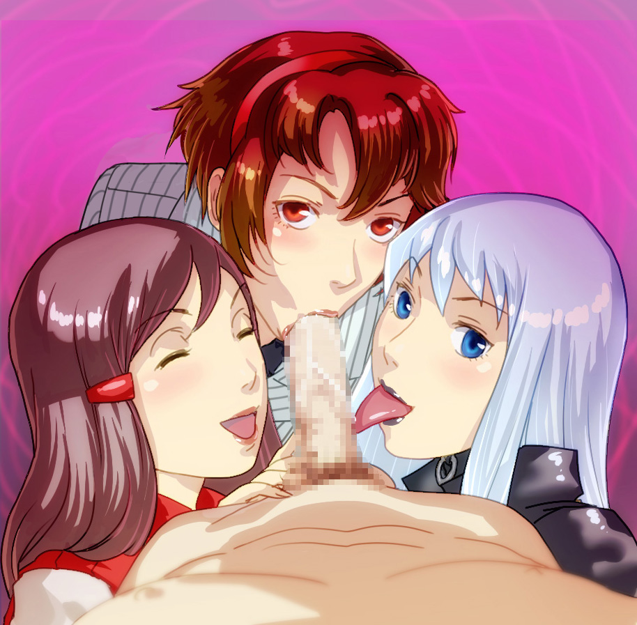2girls :&gt;= alpaca_rider atlus bad_id bad_pixiv_id black_lips blue_eyes censored cooperative_fellatio devil_summoner:_soul_hackers devil_summoner_(series) dual_persona fellatio hetero lipstick makeup mosaic_censoring multiple_girls nemissa oral penis pov rei_reiho s_(tenshi_no_kiss) sega shin_megami_tensei short_hair teamwork teamwork_(sexual) tono_hitomi white_hair