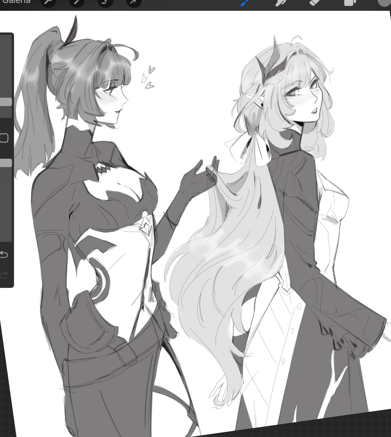 2girls art_program_in_frame cleavage_cutout clothing_cutout commentary elysia_(honkai_impact) elysia_(miss_pink_elf)_(honkai_impact) english_commentary gloves greyscale hand_in_another's_hair heart high_ponytail highres honkai_(series) honkai_impact_3rd long_hair long_sleeves low_ponytail monochrome multiple_girls parted_lips ponytail raiden_mei raiden_mei_(danzai_spectramancer) raiden_mei_(orochi_cuirass) seijousai very_long_hair
