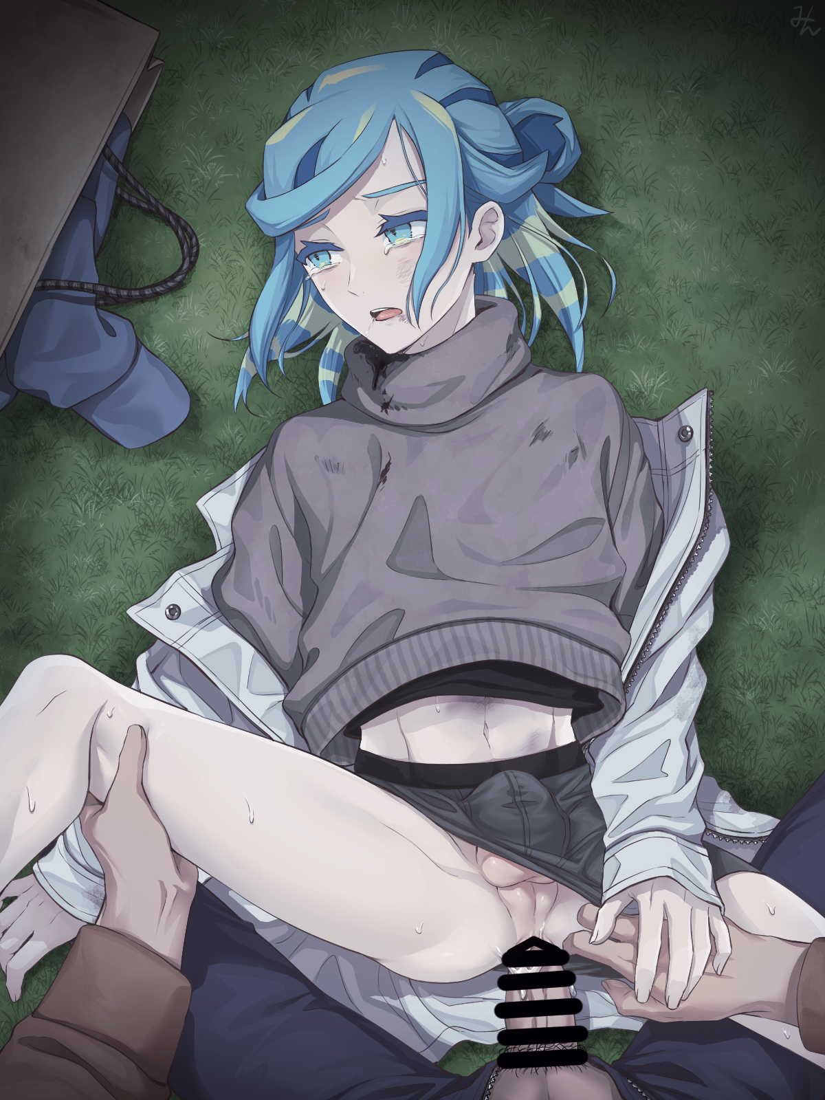 2boys anal bag bar_censor black_shirt blue_eyes blue_hair blue_pants blue_sweater bomber_jacket boxers brown_bag brown_sweater bruise_on_chest bruise_on_stomach bulge censored clothes_lift creatures_(company) crying crying_with_eyes_open cum cum_in_ass cumdrip dirty dirty_clothes dirty_face erection erection_under_clothes facing_another facing_viewer game_freak grey_male_underwear grey_sweater grusha_(pokemon) half-erect hand_on_another's_leg hand_on_another's_thigh hand_on_another's_wrist hand_on_ground highres injury jacket looking_to_the_side lying male_focus male_underwear male_underwear_pull midriff_peek min_(myna8247) multiple_boys navel nintendo on_back on_grass on_ground open_clothes open_fly open_jacket outdoors pants partially_unzipped pokemon pokemon_sv ponytail pov rape saliva sex shirt shirt_lift shopping_bag sleeves_past_wrists spread_legs sweatdrop sweater swept_bangs tearing_up tears turning_head underwear unworn_jacket vignetting white_jacket yaoi
