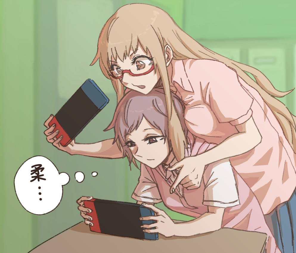 alternate_color ano_fuji blonde_hair breast_press breast_rest breasts breasts_on_head brown_eyes brown_hair commentary_request gari glasses handheld_game_console holding holding_handheld_game_console large_breasts long_hair miyama_nena nintendo_switch okujou_no_yurirei-san open_mouth pink_shirt shirt translation_request very_long_hair yuri