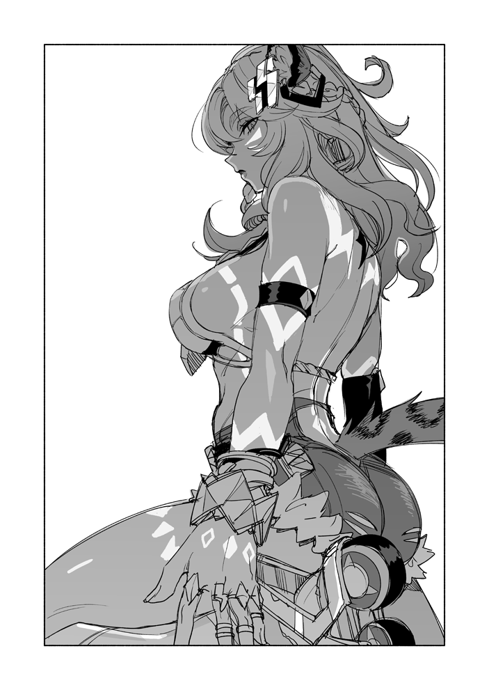 1girl animal_ears ass birdhatter body_markings bracelet breasts denim denim_shorts genshin_impact greyscale hair_ornament inline_skates jaguar_ears jaguar_tail jewelry lightning_bolt lightning_bolt_hair_ornament lightning_bolt_symbol long_hair medium_breasts monochrome ring roller_skates shorts skates tail xilonen_(genshin_impact)