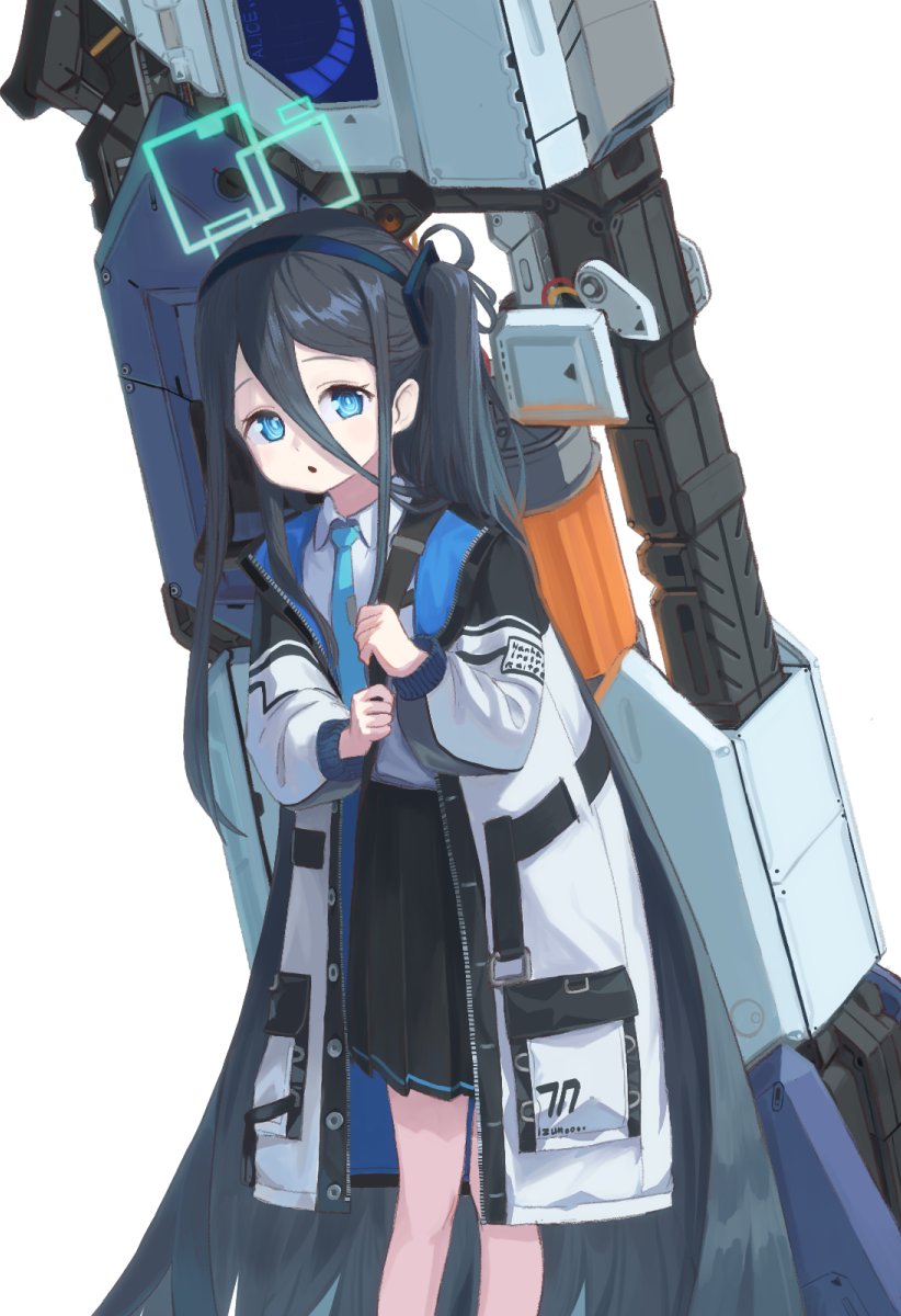 1girl aris_(blue_archive) black_hair black_hairband blue_archive blue_eyes blue_hair blue_necktie blush dark_blue_hair hair_between_eyes hairband halo highres huge_weapon izumo_(ton_63) jacket long_hair long_hair_between_eyes long_sleeves looking_at_viewer magnetic_weapon necktie one_side_up open_clothes open_jacket open_mouth railgun ringed_eyes shirt simple_background solo standing very_long_hair weapon white_background white_shirt
