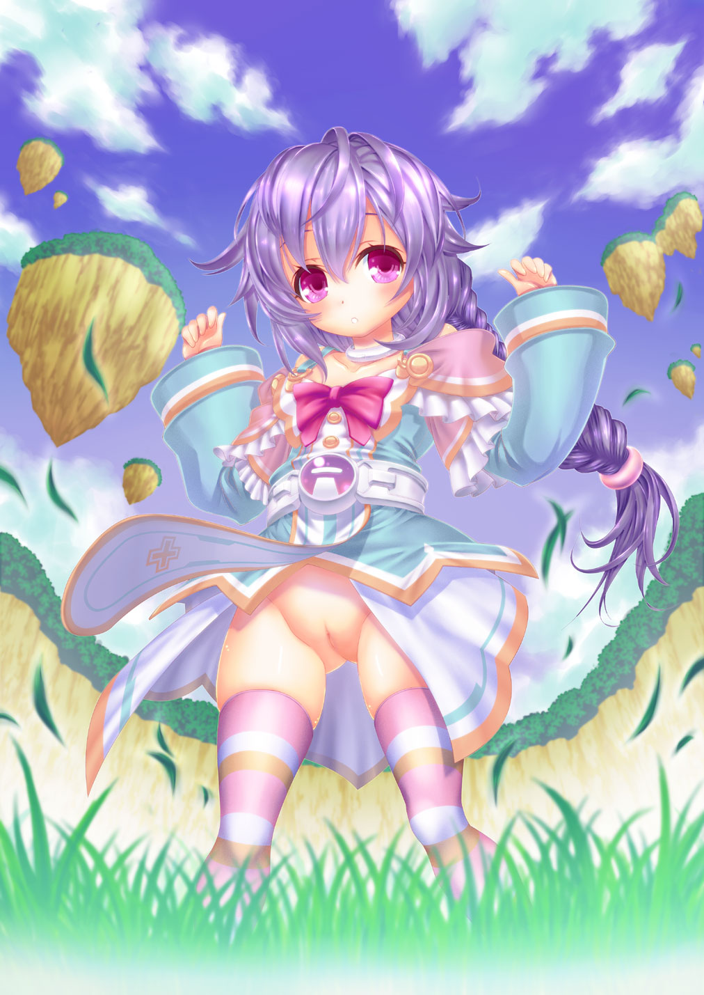 10s 1girl bad_id bad_pixiv_id belt braid day dress female_focus floating_island grass highres kami_jigen_game_neptune_v loli long_hair neptune_(series) no_panties ooi_hayashi purple_eyes purple_hair pururut pussy single_braid sky solo striped_clothes striped_thighhighs thighhighs uncensored very_long_hair wind wind_lift