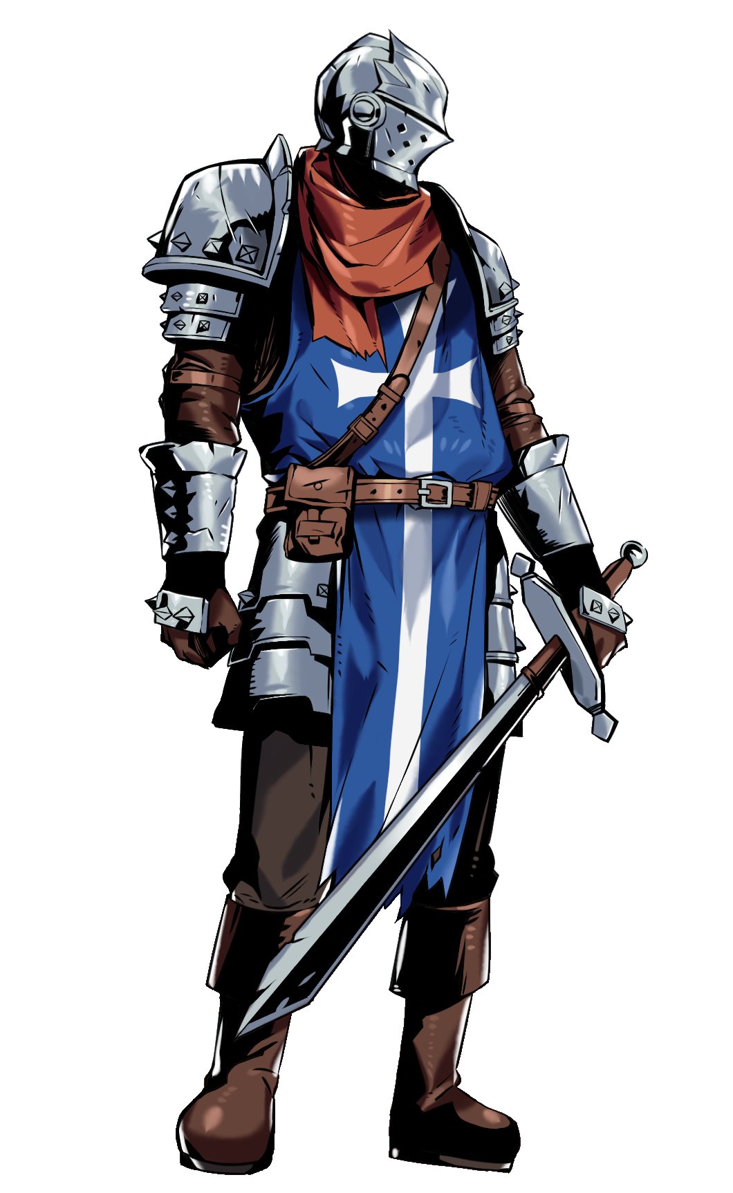 1boy armor belt boots brown_belt brown_boots brown_pants cancanbaobao55 crusader_(darkest_dungeon) darkest_dungeon full_body gauntlets hashtag-only_commentary helmet highres holding holding_sword holding_weapon knight looking_to_the_side male_focus pants pauldrons red_scarf scarf shoulder_armor shoulder_belt simple_background solo standing sword tabard tachi-e weapon white_background