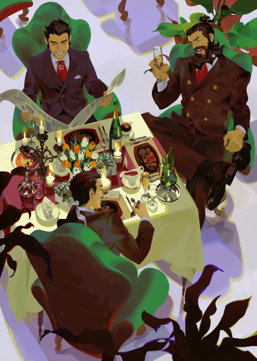 ace_attorney armchair black_hair black_jacket brown_hair brown_pants candlestand chair champagne_bottle closed_eyes crossed_legs facial_hair flower fork formal_clothes from_above genshin_asogi highres holding holding_newspaper indoors jacket knife long_hair long_sleeves low_ponytail male_focus mr_kasuy necktie newspaper open_mouth pants ponytail seishiro_jigoku shirt short_hair sitting smile spoon suit table the_great_ace_attorney the_great_ace_attorney_2:_resolve tulip white_shirt yujin_mikotoba